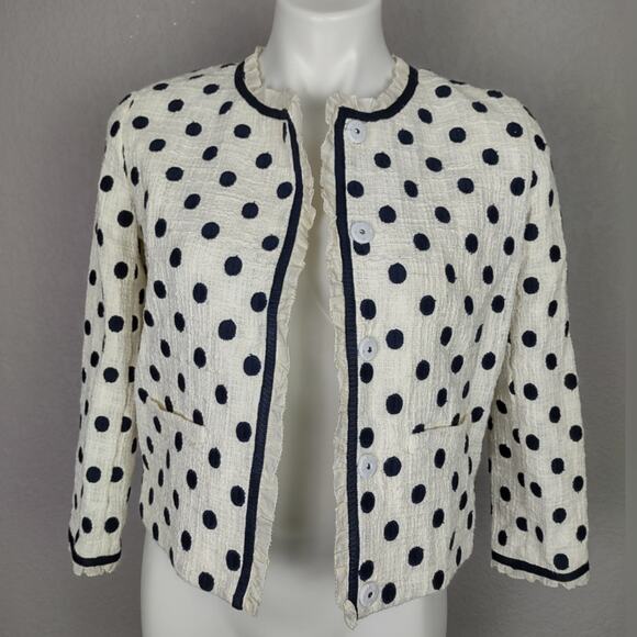 J. CREW Jacket in Polka Dot Textured Tweed Blazer Size 0 White Navy - Picture 12 of 16
